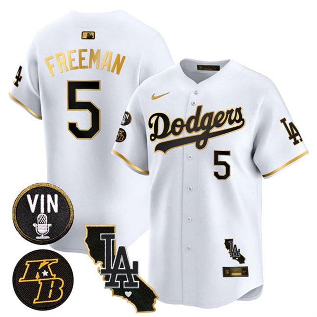 Men's Los Angeles Dodgers #5 Freddie Freeman White/Gold 2025 Vin & Kobe Patch V2 Vapor Limited Stitched Baseball Jersey Men's Los Angeles Dodgers #5 Freddie Freeman White/Gold 2025 Vin & Kobe Patch V2 Vapor Limited Stitched Baseball Jersey